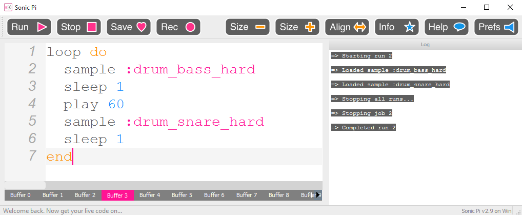 Screenshot Sonic Pi application, with code for the never-ending beat