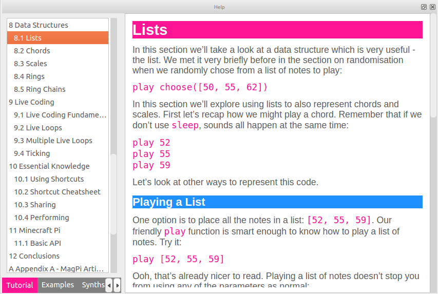 Screenshot of a Sonic Pi tutorial